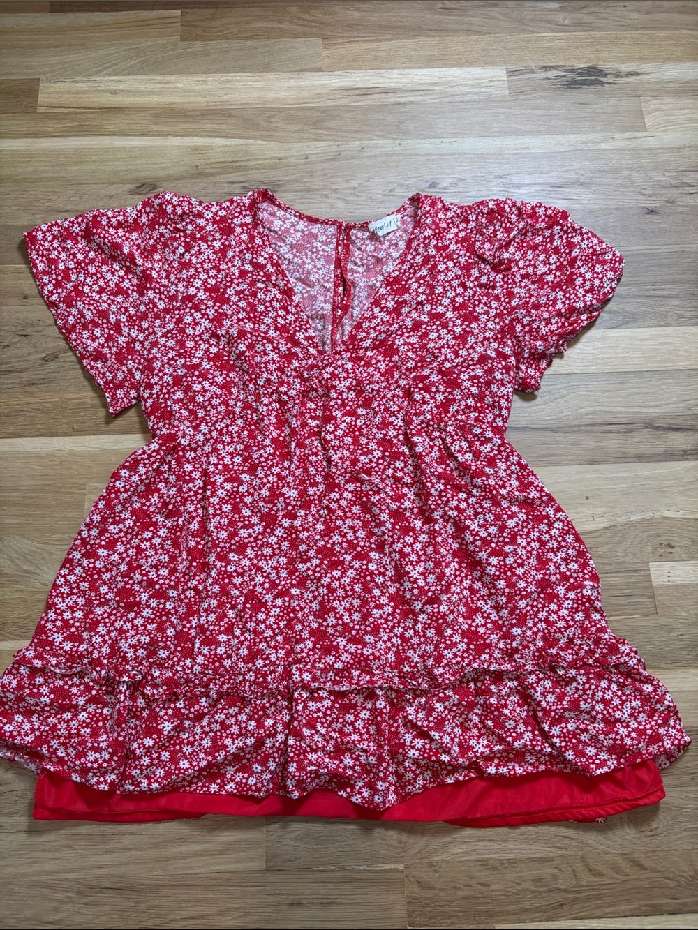 Red Floral Tie-Neck Ruffle Hem Blouse